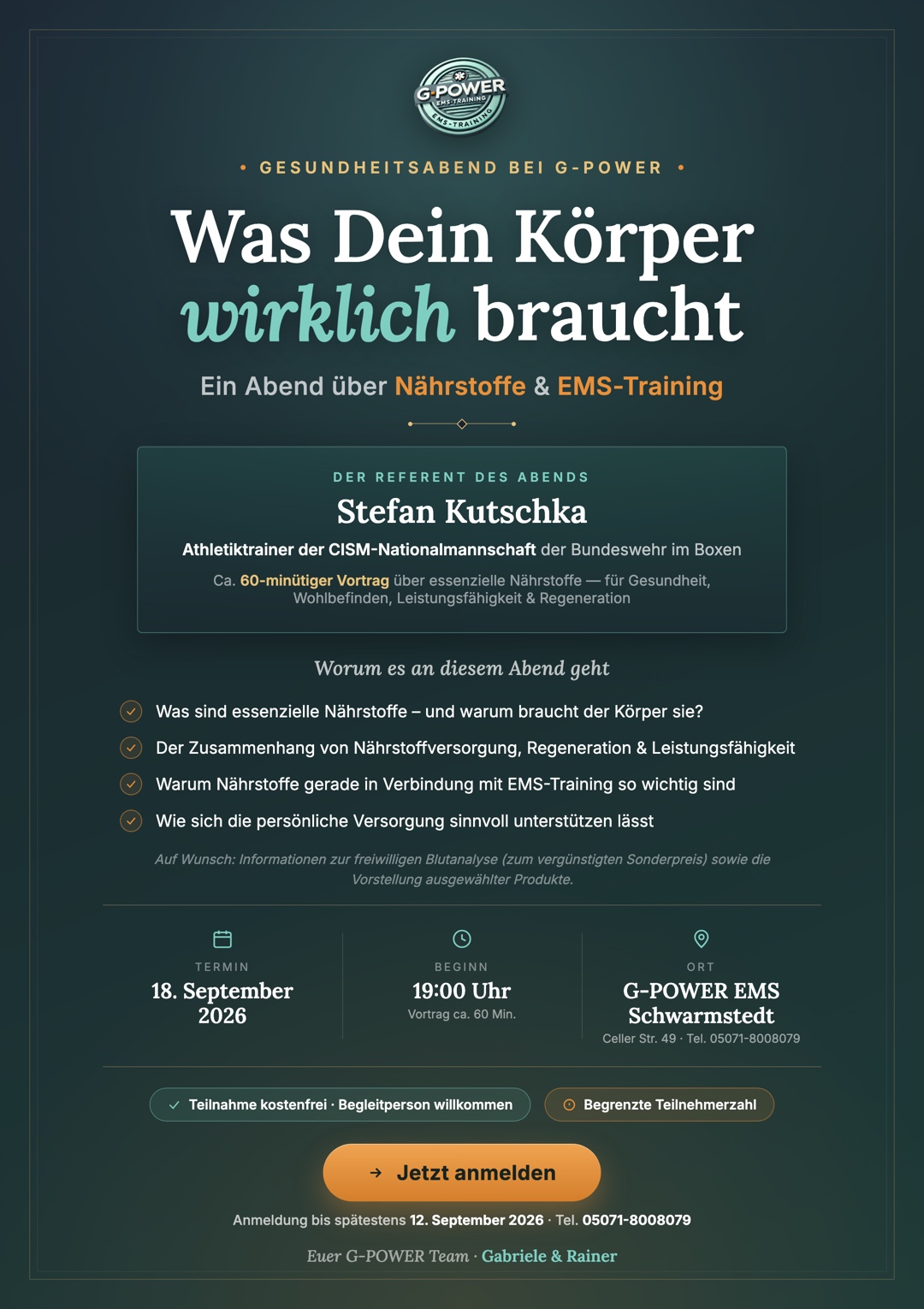 Gesundheitsabend bei G-POWER – Was Dein Körper wirklich braucht: Nährstoffe & EMS-Training. Vortrag von Stefan Kutschka am 18. September 2026, 19:00 Uhr, G-POWER EMS Studio Schwarmstedt. Teilnahme kostenfrei, Anmeldung bis 12. September 2026.